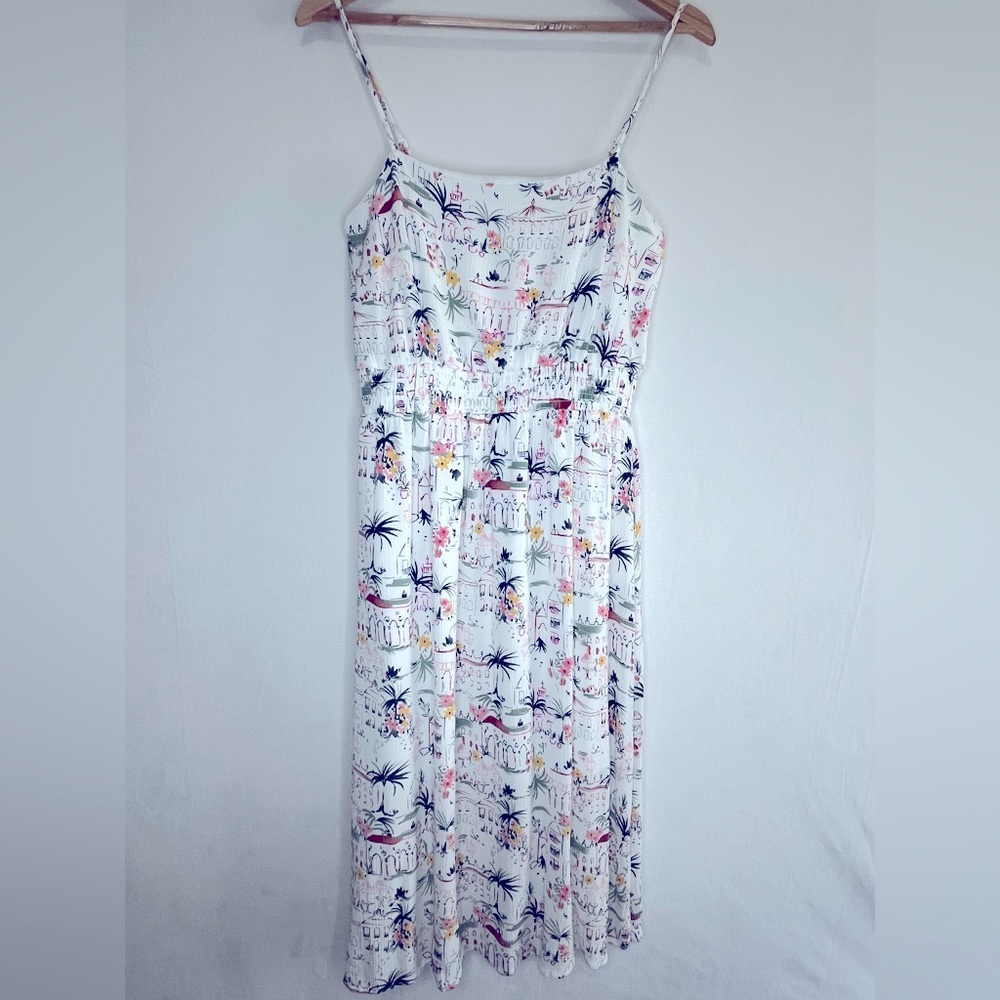 Blue Rain White Midi Dress with Multicolor Floral Print